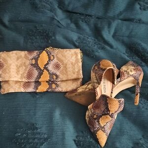 Steve Madden Brown and Tan Snakeskin Heels with Clutch